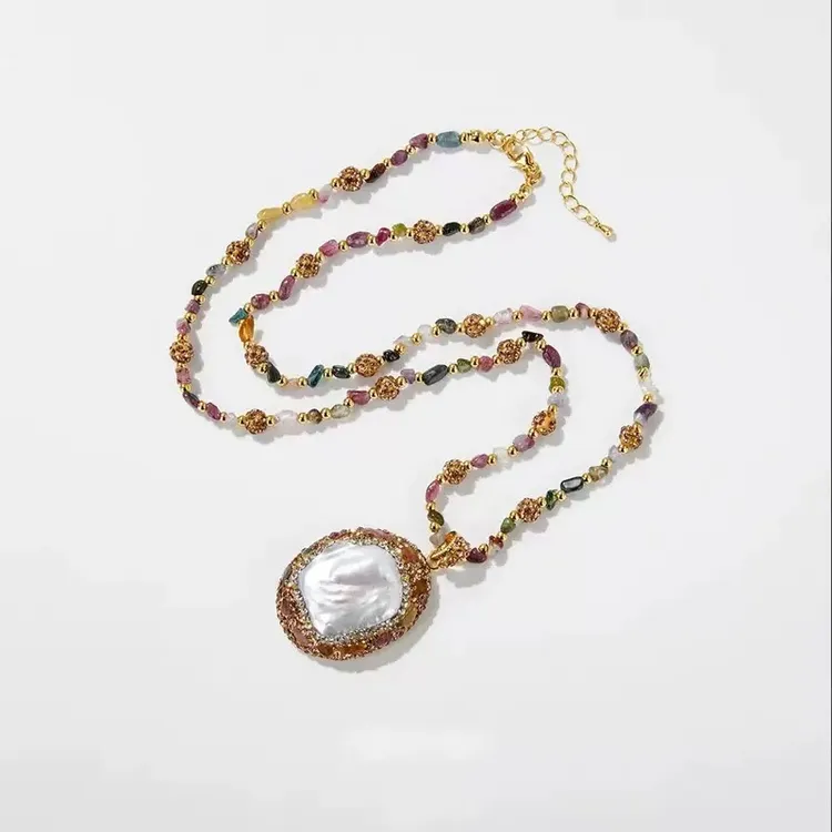 铜合金锆石项链 天然巴洛克编织镶嵌纯手工毛衣链JT-227