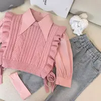女童春秋款套装2025新款儿童装洋气中童毛线马甲衬衫牛仔裤三件套