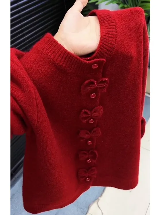 红色蝴蝶扣气质小香风毛衣开衫女冬季新款上衣显瘦针织衫外套上衣