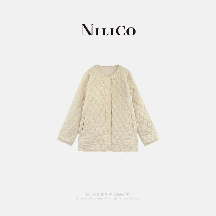 NILICO【月光舒曼】时尚简约提花菱形格拼接保暖棉服外套