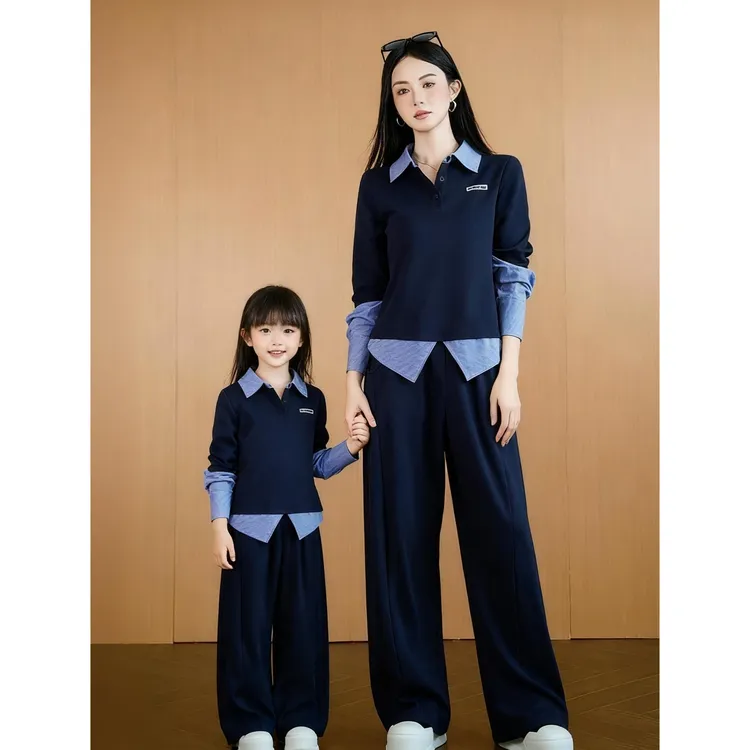 母女装休闲套装秋季新款翻领假两件上衣阔腿裤两件套洋气亲子装