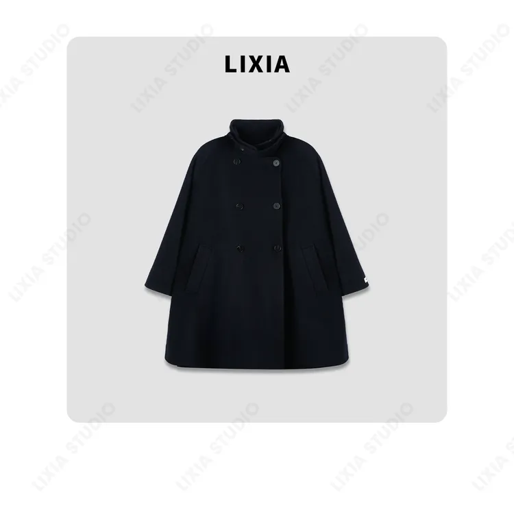 LIXIA【布里斯班】冬季时尚羊绒高支澳毛藏青色毛呢大衣外套-A8358