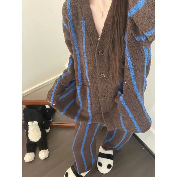 甜美秋冬新款条纹半边绒睡衣女可外穿简约撞色加厚针织家居服套装