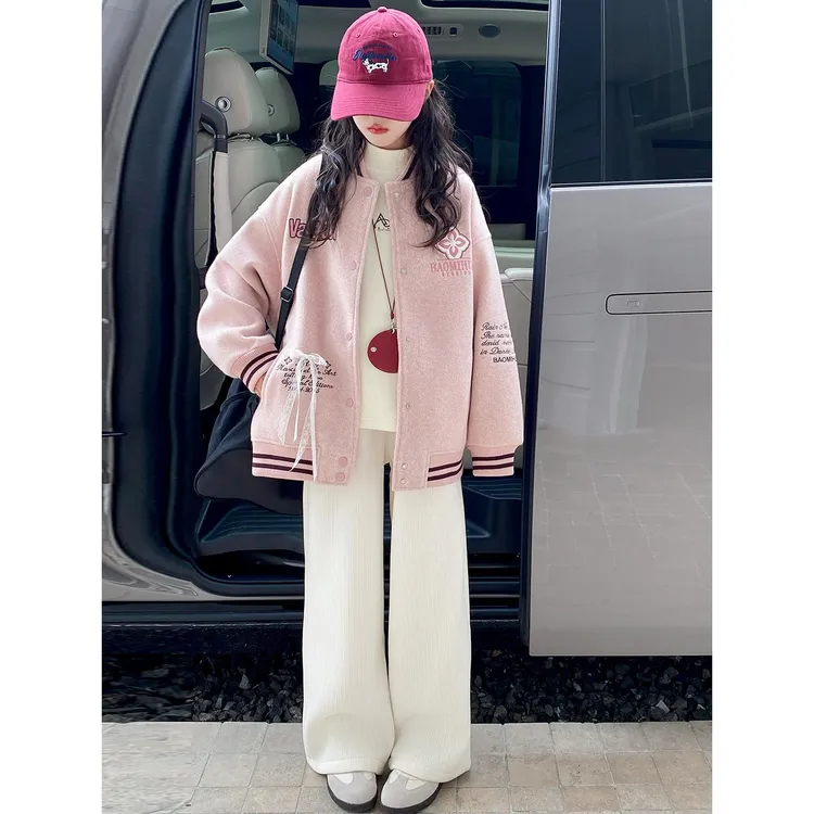 女童夹棉棒球服外套秋冬款2025新款初中生女孩美式加厚夹克上衣潮