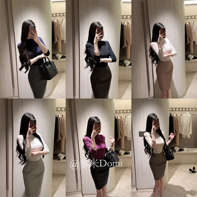 利世【知性姐系】质修身半高领中袖打底上衣新款收腰显瘦弹力T恤