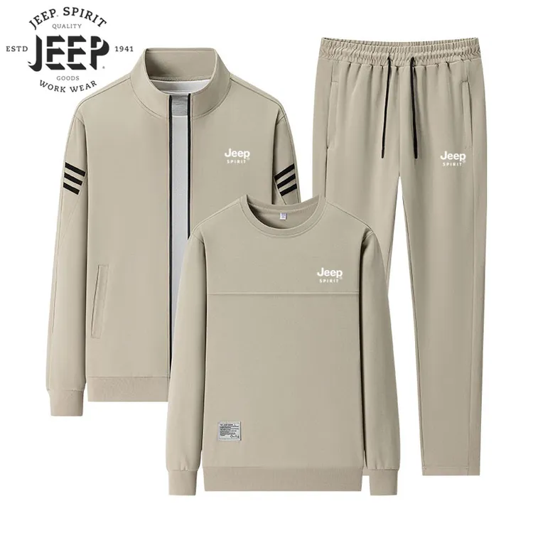 JEEP吉普运动套装男春秋季立领卫衣外套男装宽松跑步休闲服三件套