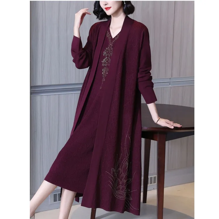 重工婚宴礼服连衣裙妈妈时尚气质烫钻中年外套针织两件新款冬季