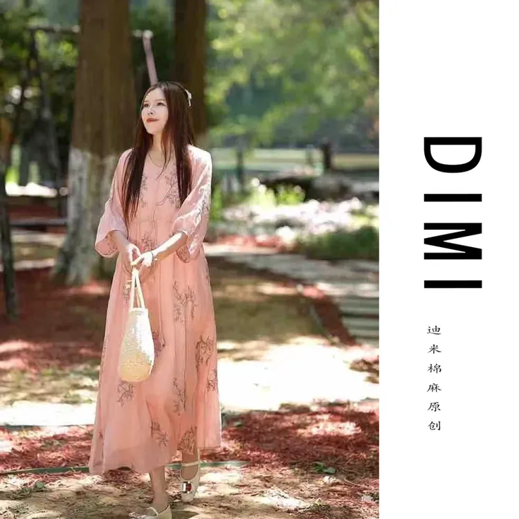 迪米夏季新款仙女系重工刺绣迎喜花纯苎麻长款收腰连衣裙9339