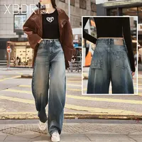 2025秋季新复古港风高腰阔腿牛仔裤女宽松垂坠感前后袋设计款长裤