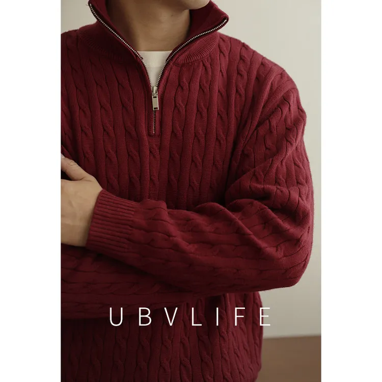 【新年特辑】绞花半拉链立领红色毛衣男士2026本命年宽松保暖针织衫
