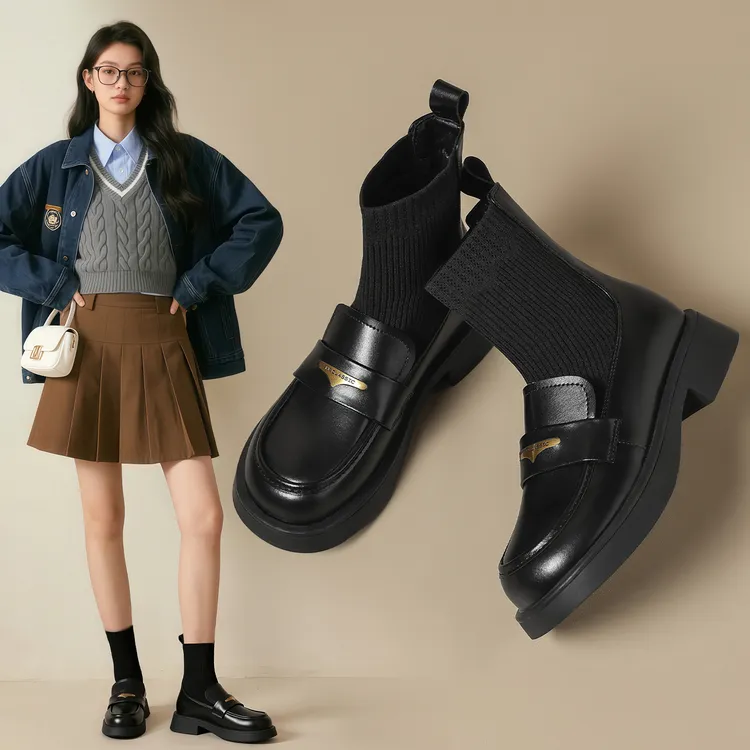 短靴女款2025新款爆款英伦风百搭靴子黑色乐福鞋瘦瘦靴小个子袜靴