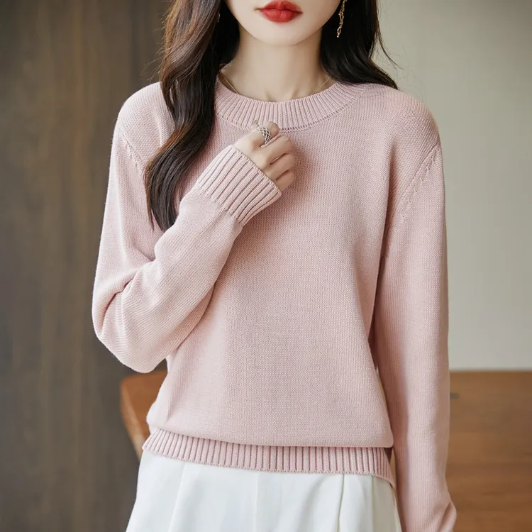 纯棉线圆领针织长袖秋冬打底上衣简约百搭宽松显瘦内搭毛衣不起球