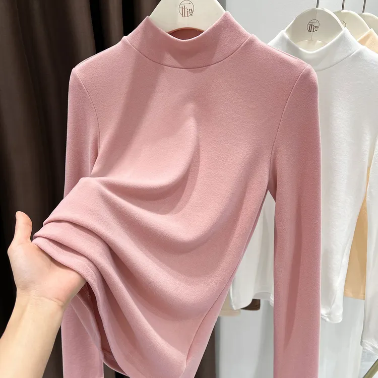 软糯粉色德绒半高领打底衫女2025秋冬新款双面磨毛内搭高级感上衣
