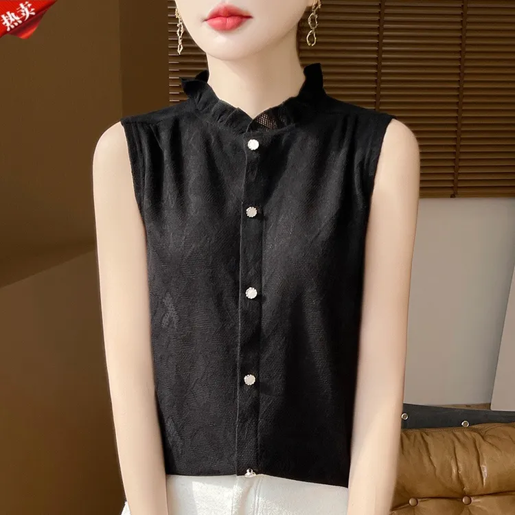 哥弟阿玛施正精仿羊毛高级感吊带背心女花边领无袖衬衫针织打底衫