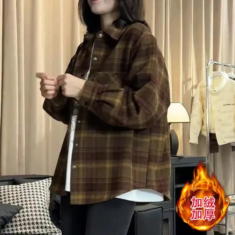衬衫上衣女2025秋冬季新款通勤穿搭保暖加厚复古格子设计感外套潮