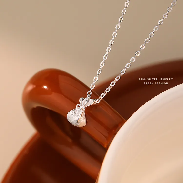 坠链均足银 s999纯银转运小幅袋项链吊坠女国风拉丝轻奢时尚简约