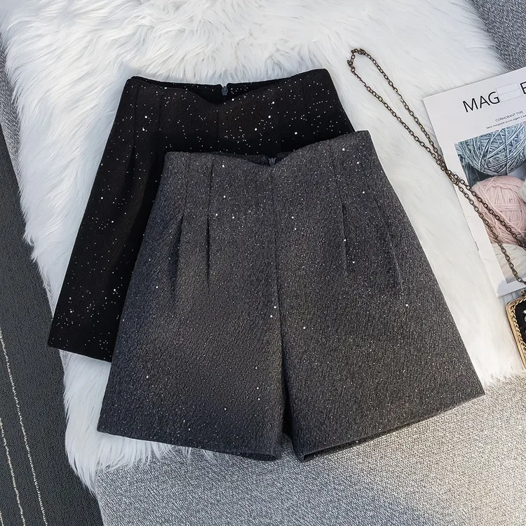大码小香风亮闪闪毛呢短裤女秋冬新款外穿阔腿裤高腰a字打底靴裤