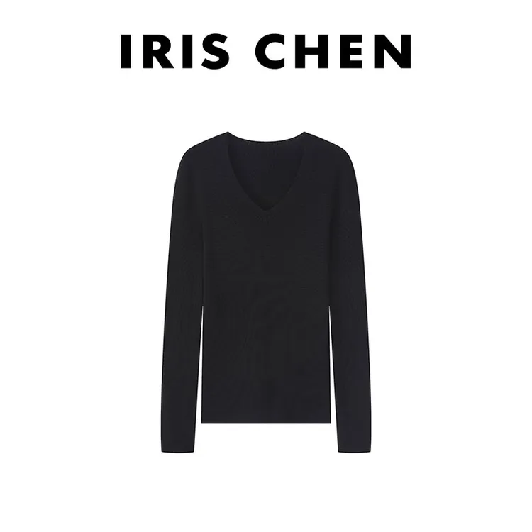 IRIS CHEN 初秋 2025秋冬100绵羊毛V领时尚显瘦毛针织衫25SY549
