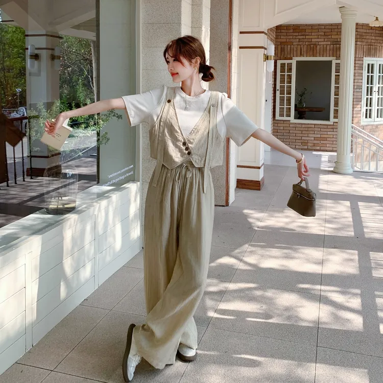 设计感T恤拼接假两件上衣阔腿裤两件套女2025夏季新款松弛感宽松