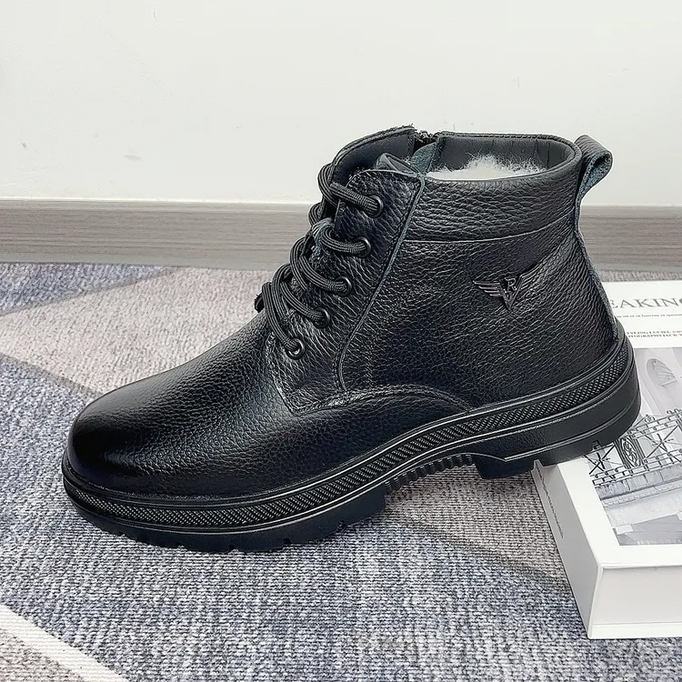 头层牛皮冬季高帮男士休闲马丁靴加厚羊毛皮一体保暖雪地靴休闲鞋