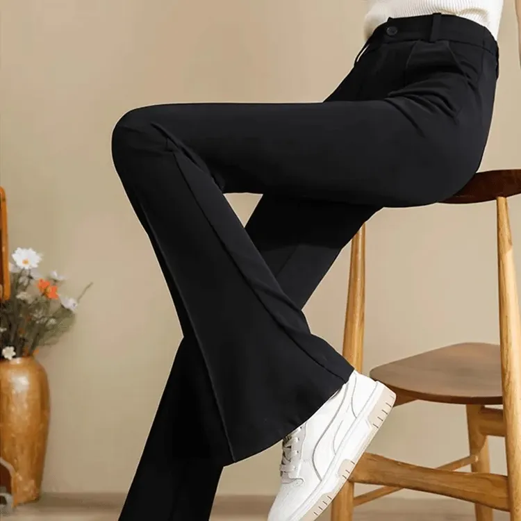 黑色西装微喇叭裤女2025春秋新款高腰显瘦黑色弹力休闲百搭西装裤