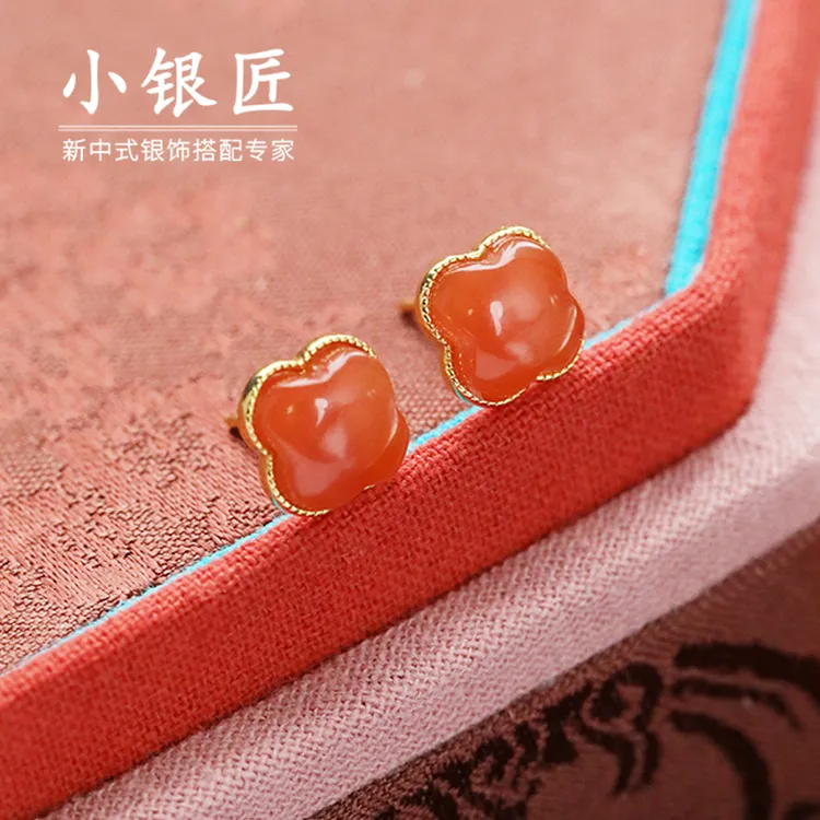 小银匠S925银玛瑙耳钉女轻奢大气国风复古典华丽精致中式耳饰蛇年