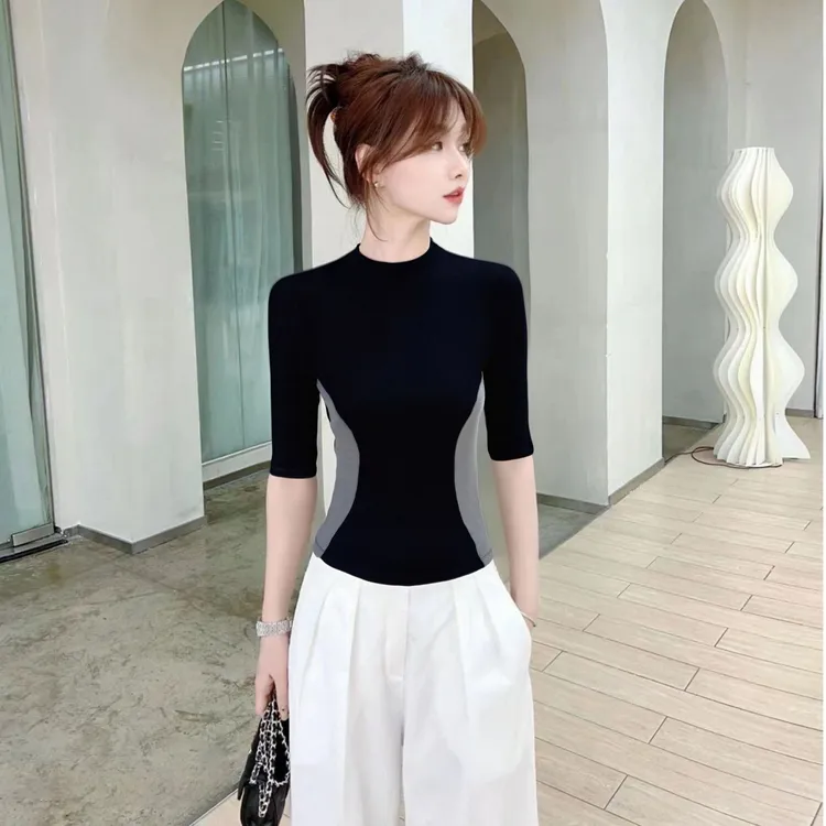 螺纹螺纹半高领拼色中袖t恤女2025春秋修身打底衫内搭收腰上衣潮