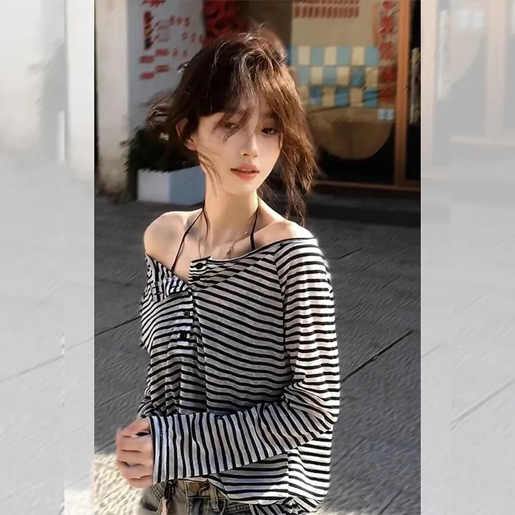韩系chic单穿上衣设计感小众宽松慵懒风咖色条纹防晒长袖t恤女夏
