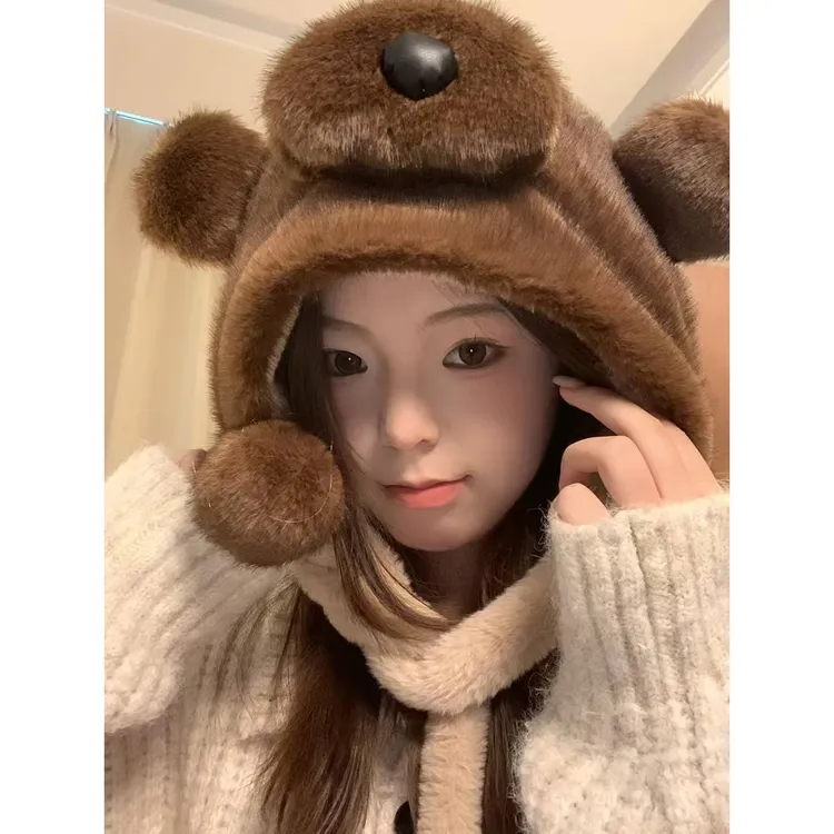可爱卡通咖色小浣熊毛绒帽子女2025新款秋冬保暖防寒雷锋帽护耳帽