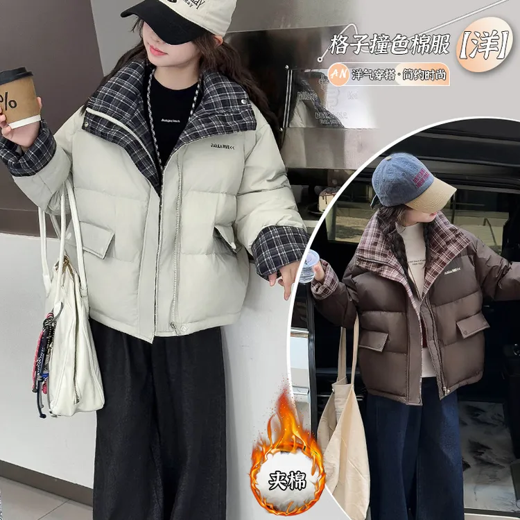 【允恬】女童冬季韩版加厚格子棉服外套中大童初中生洋气冬装棉衣潮
