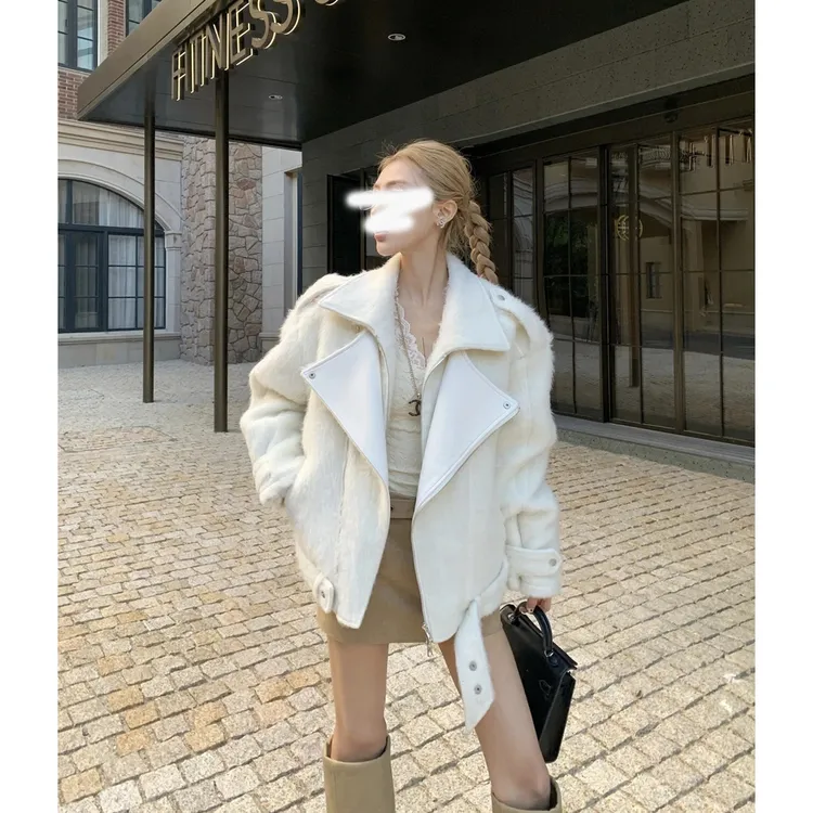 新款韩版时尚秋冬设计感机车风小个子宽松翻领毛呢外套上衣女