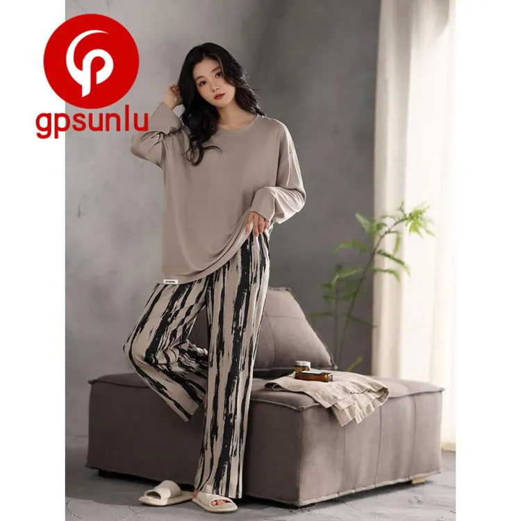 gpsunlu「宽松慵懒风」带胸垫睡衣女春秋款纯棉阔腿裤休闲家居服