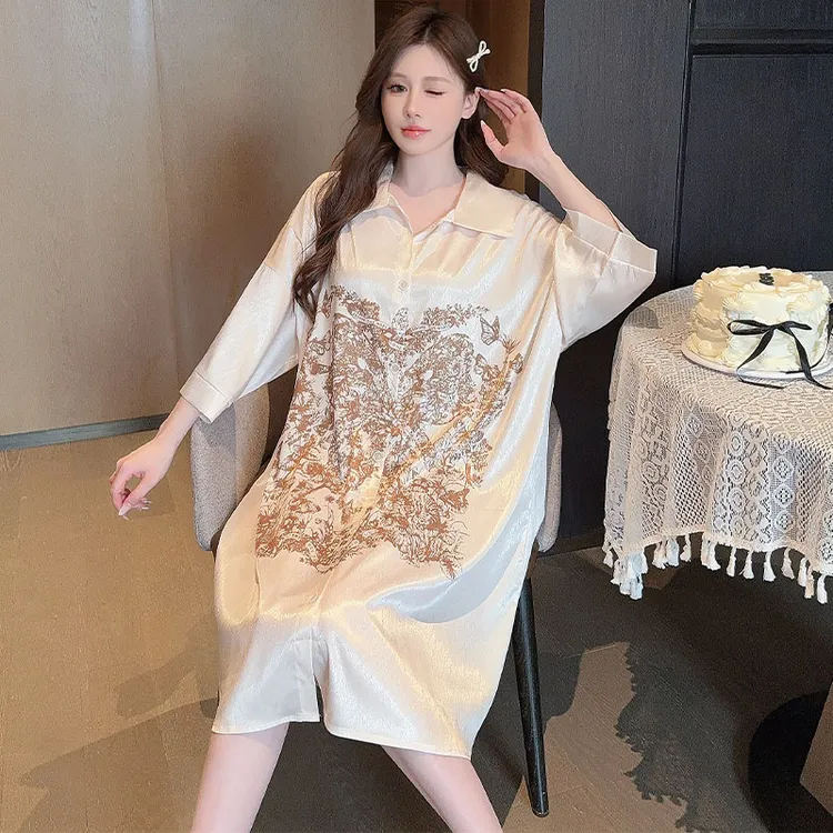 甜美风蝴蝶冰丝睡裙女款夏季爆款凉感短袖开衫裙子睡衣女士家居服