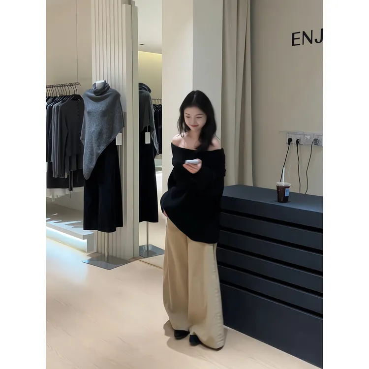 辣妹温柔风毛衣一字领露肩长袖针织衫气质上衣卡其色西装裤阔腿裤