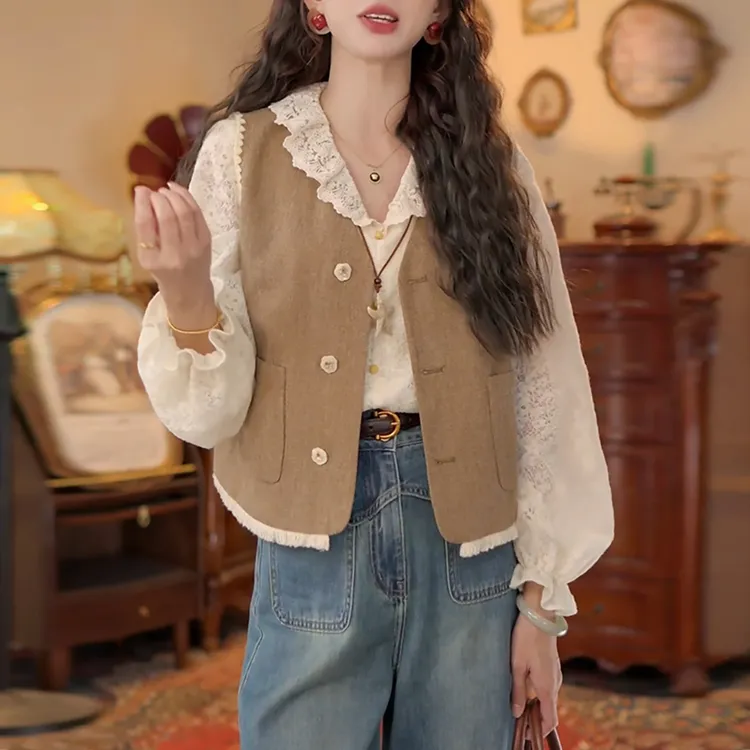 欧若风气质套装女2026年春秋新款提花长袖衬衫流苏马甲外套两件套