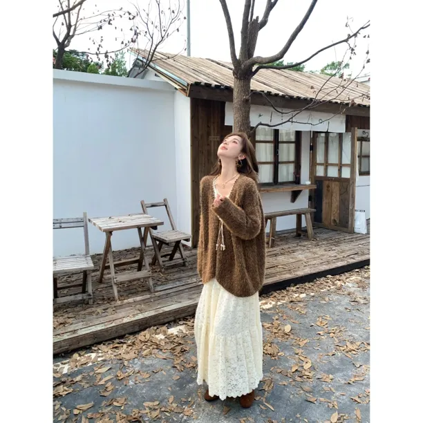 【赵小小&北海道织恋】94270-1 宽松v领针织开衫上衣慵懒毛衣外套女