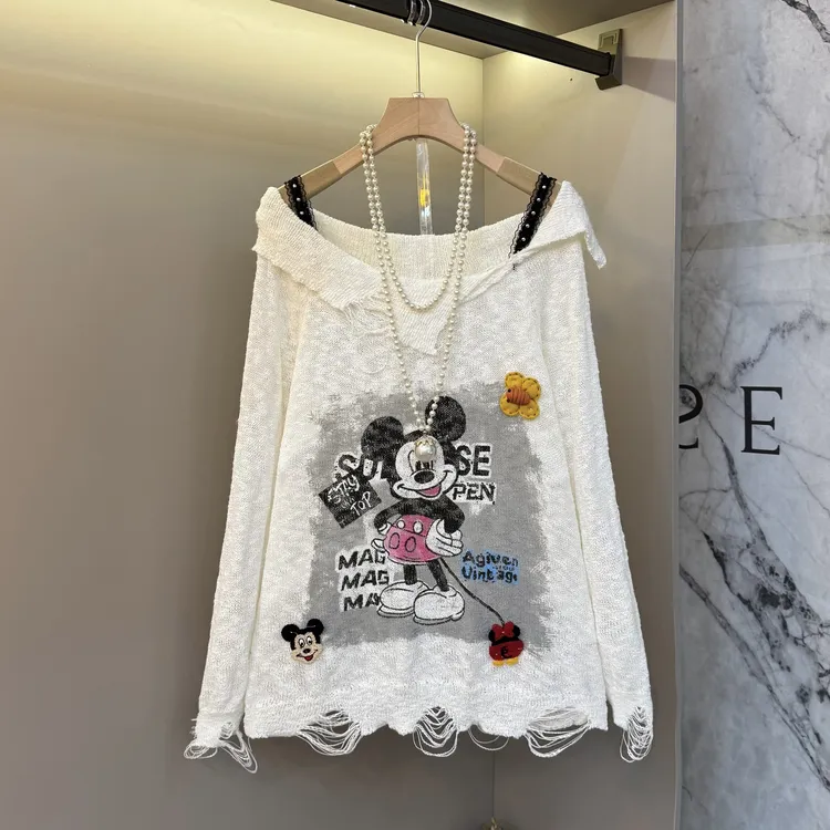 大码女装卡通图案破洞底摆长袖针织衫胖妹妹减龄设计感上衣59147