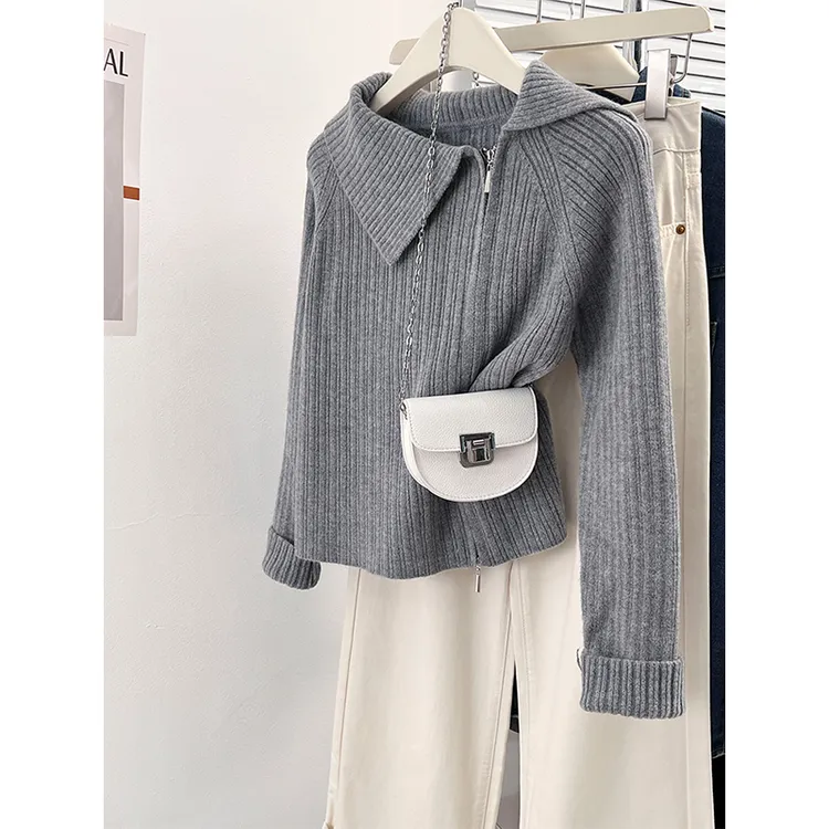 灰色翻领双拉链针织开衫女秋冬设计感小众气质高级感毛衣外套上衣