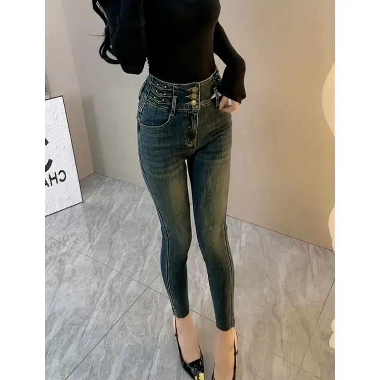 蓝色小脚牛仔裤女春秋大码胖mm修身显瘦高腰弹力小个子九分铅笔裤