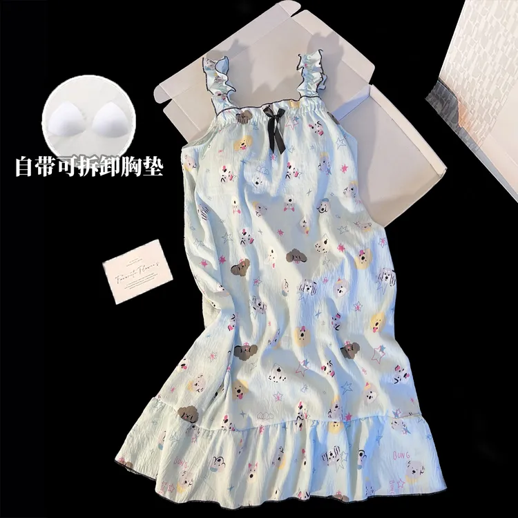 夏季卡通图案吊带睡裙女2025新款夏天带胸垫甜美可爱可外穿家居服