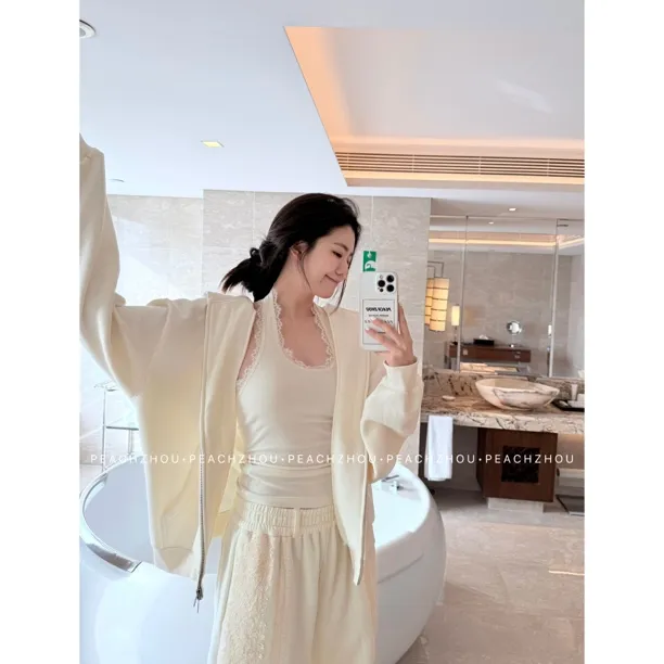 PEACHZHOU 绒感蕾丝花边弹力修身U领挂脖背心气质内搭针织吊带女