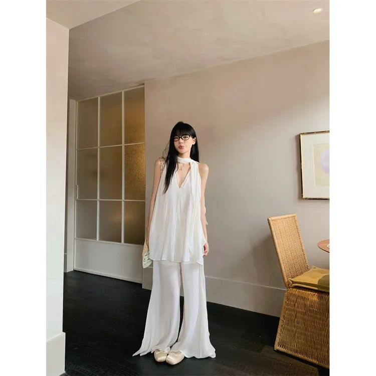 飘带领宽松无袖衬衫背心女夏季禅意套装薄款休闲阔腿长裤两件套