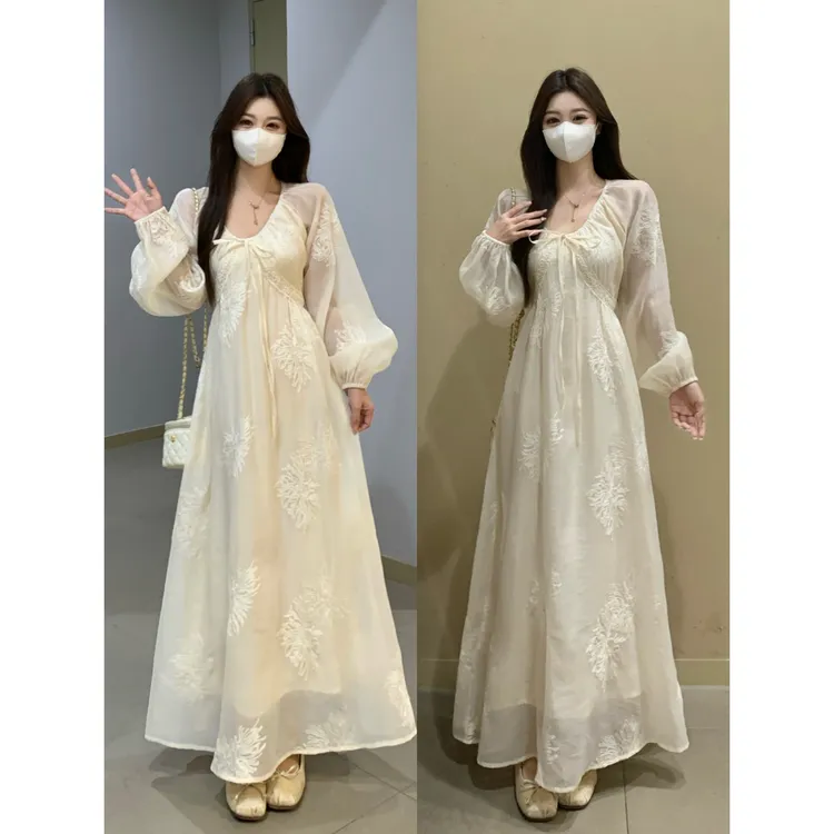 大码法式温柔风长袖连衣裙女2025新款高级感杏铃絮语绝美初恋长裙