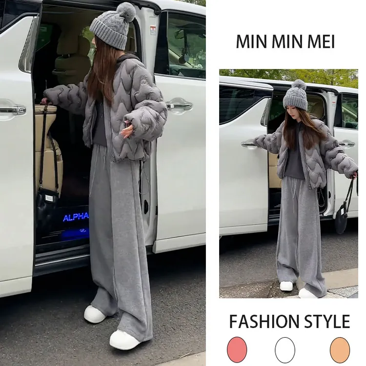 通勤风一整套穿搭2025年秋冬保暖棉服连帽卫衣加绒阔腿裤三件套