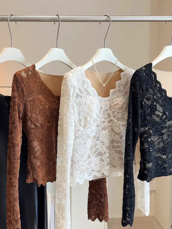 加绒V领性感带胸垫蕾丝打底衫女2025秋冬辣妹风修身长袖内搭上衣