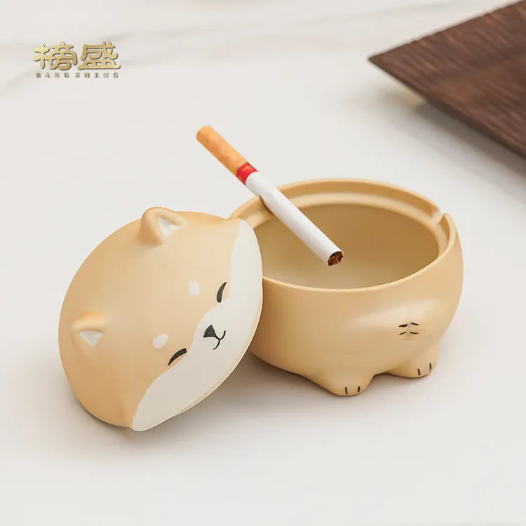 榜盛柴犬烟灰缸可爱创意带盖防灰飞办公室家用客厅高级感烟灰缸