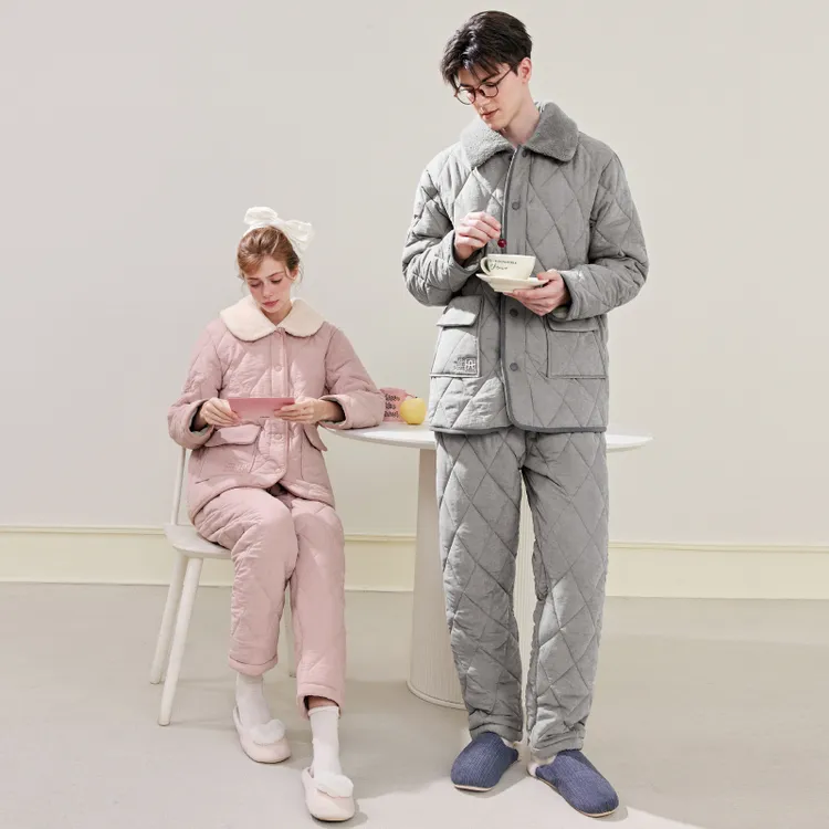 芬腾睡衣情侣冬季翻领开衫加绒加厚女冬天夹棉保暖男款家居服套装