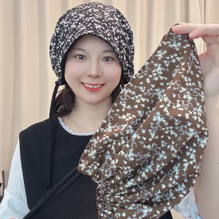 绑带款双面戴包头帽时尚洋气印花绒布两面可戴碎花保暖秋冬新款