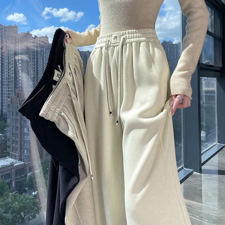 糯米呢阔腿裤女秋冬窄版加绒加厚小个子宽松九分软糯直筒香蕉长裤