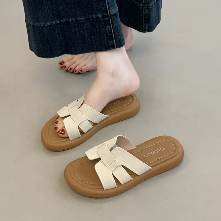网红一字拖鞋女夏季外穿2025新款软底平底孕妇防滑舒适沙滩凉拖鞋